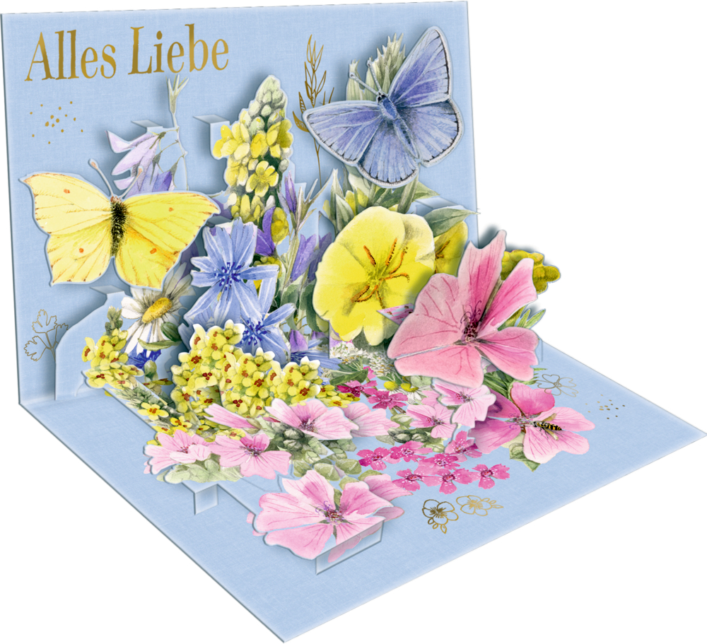 Pop-up Karte mit bunten Blumen, Schmetterlingen und Alles Liebe in goldenen Buchstaben auf hellblauem Hintergrund.