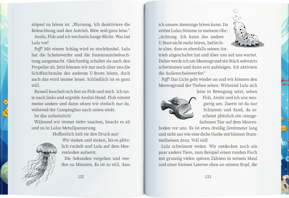 Geöffnete Buchdoppelseite mit Text und drei schwarz-weißen Zeichnungen von Unterwassertieren.