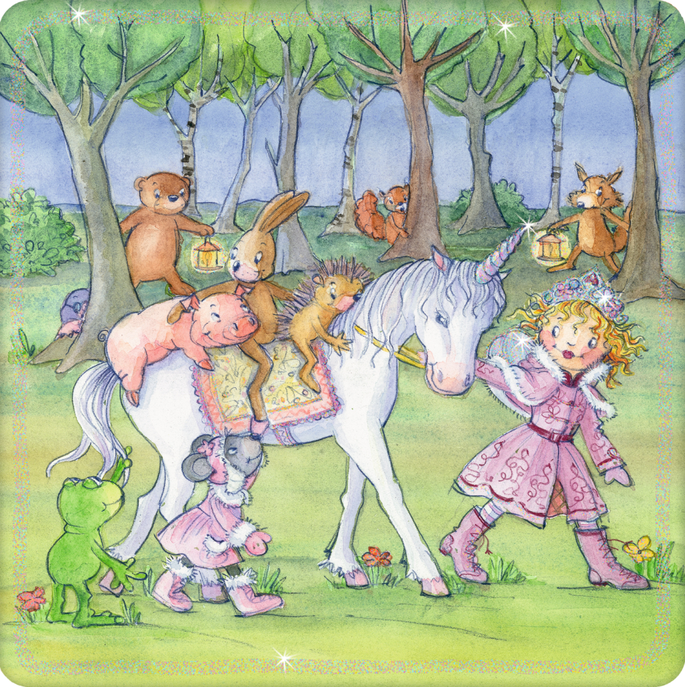 Cover mit dem titel Geschichtenschatz: Umgeben von bunten Punkten liest Prinzessin Lillifee ihren tierischen Freunden aus einem Buch vor.