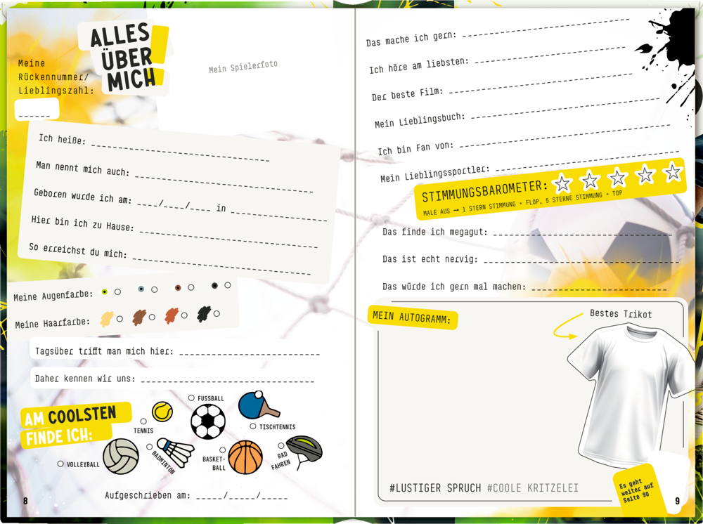 Bunte Journalinnenseite für Kinder mit Ausfüllfeldern, Kritzeleien und kleinen Sportmotiven.
