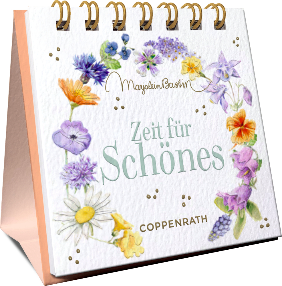 Floraler Spiralaufsteller mit „Zeit für Schönes“ auf dem Cover, umgeben von bunten Blumen.