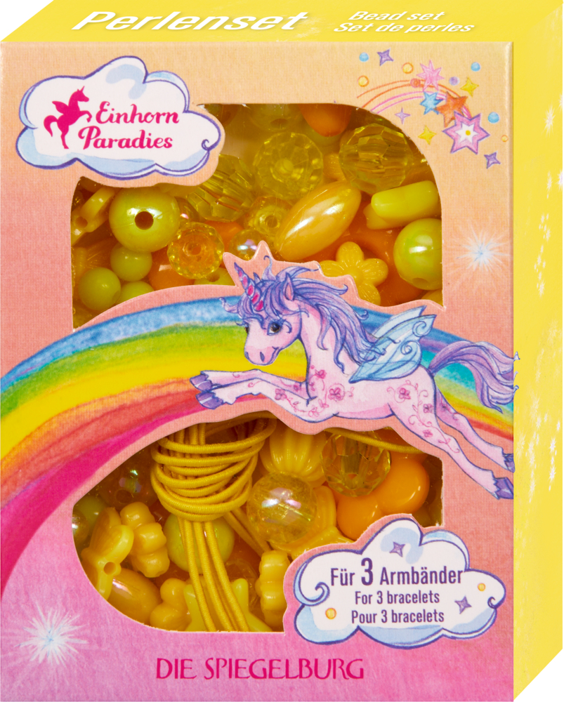 Schachtel mit gelben Perlen mit einem Einhorn und einem Regenbogen, beschriftet mit „Einhorn Paradies“.