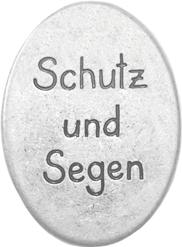 Rückseite: Ovale SilbermÃ¼nze mit der Gravur â€žSchutz und Segenâ€œ.