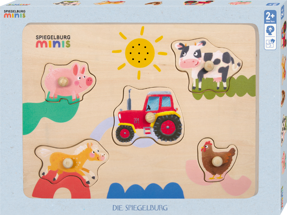 Verpackung von einem Holzpuzzle mit fünf Steckteilen: Schwein, Kuh, Pferd, Huhn und roter Traktor, über ihnen eine gelbe Sonne.