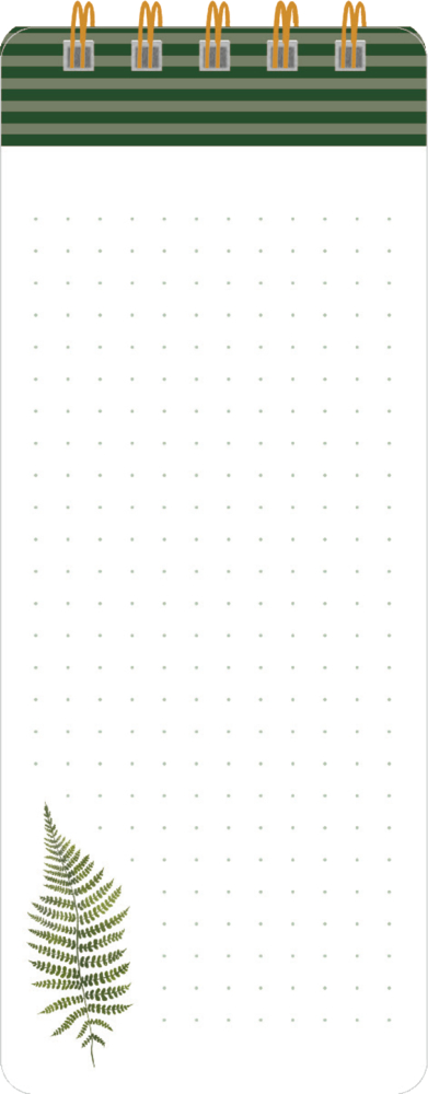 Notizblock mit grünen Streifen oben, Spiralbindung und gepunktetem Papier mit Farnmotiv unten links.
