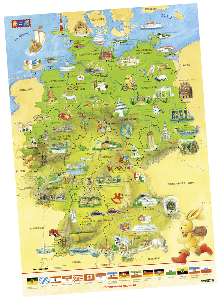 Illustrierte Karte von Deutschland mit Sehenswürdigkeiten, Symbolen und Icons für jede Region und jedes Bundesland.