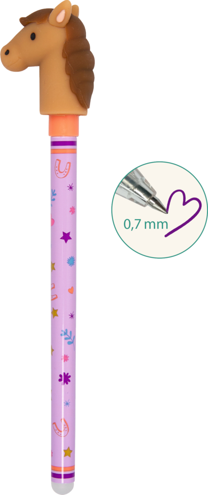 Gelstift mit violettem Schaft und buntem Muster, Schaftende mit Pferdekopf-Aufsatz aus Gummi, Spitze mit 0,7 mm-Strichstärke.