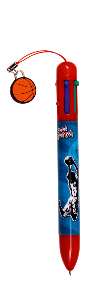 Roter, mehrfarbiger Stift mit Basketball-Anhänger und Sportaufkleber auf dem Schaft.