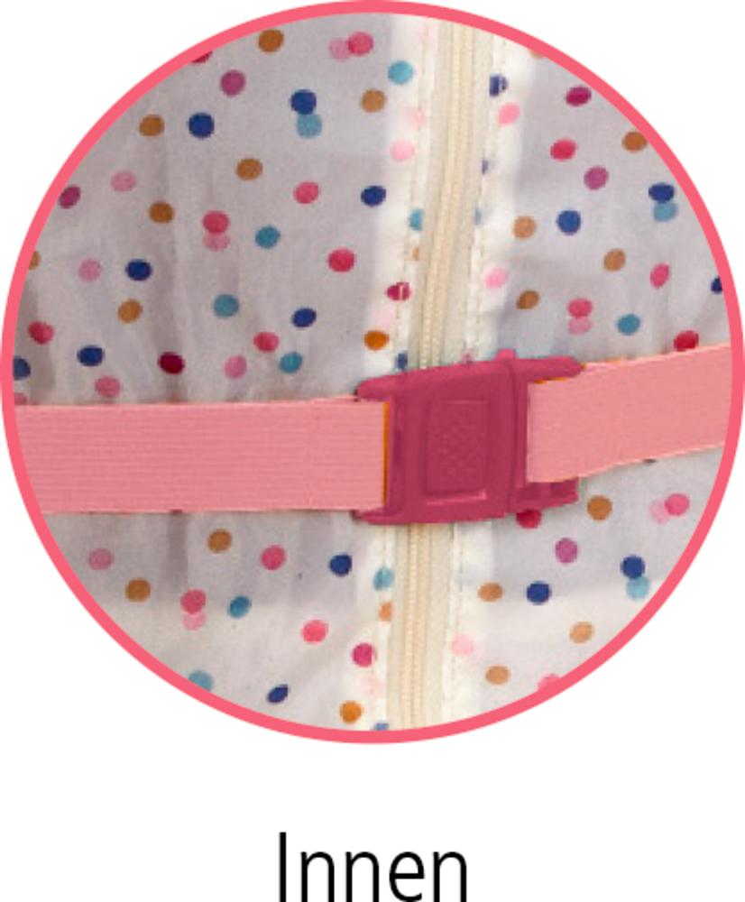 Nahaufnahme eines rosa Gummibands mit Schnalle auf weißem Stoff mit bunten Punkten.