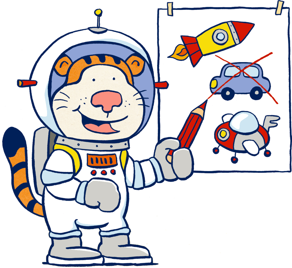 Ein Tiger im Raumanzug zeigt auf Skizzen von Raketen und Flugobjekten und streicht ein normales Auto durch.