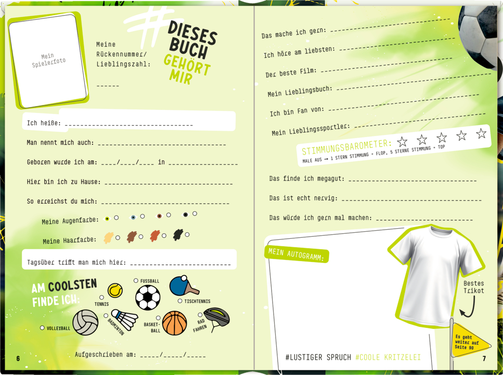 Kinderjournal mit Fußballdesign, Fragen, gezeichneten Sportbällen und leerem Trikot für Unterschrift.