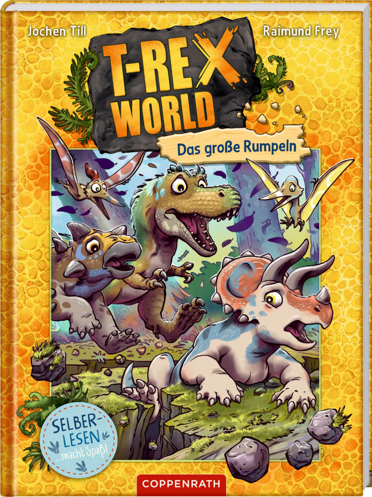 Farbiges Buchcover mit gezeichnetem T-Rex und Triceratops in lebendiger prähistorischer Landschaft.