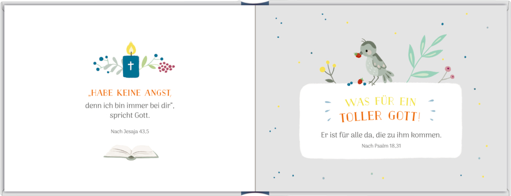 Links: Kerze, aufgeschlagenes Buch, Text. Rechts: Vogel mit einer Erdbeere im Schnabel, Text über Gott.