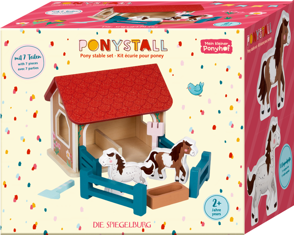 Farbenfrohes Ponystall-Set mit Holzponys, Stall und Zubehör. Ideal für Kinder ab 2 Jahren. In Geschenkverpackung.