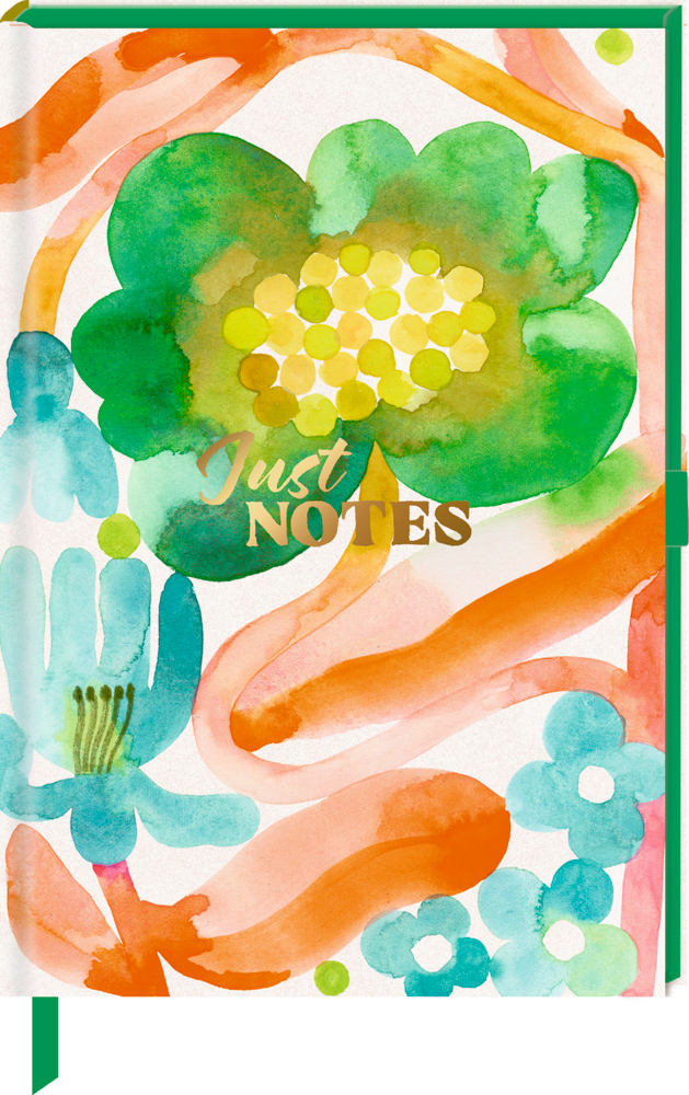 Notizbuchdeckel mit bunten Aquarellblumen und goldener Schrift Just NOTES in der Mitte.