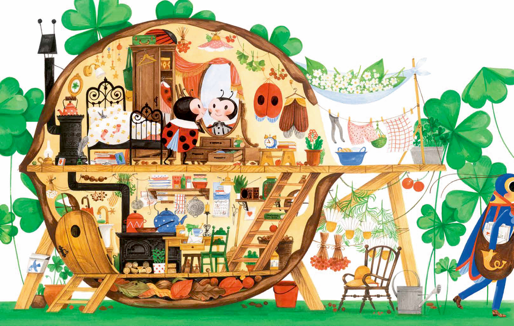 Ein gemütliches Marienkäferhaus in einer Walnuss mit Zimmern, Möbeln und Marienkäferfiguren.