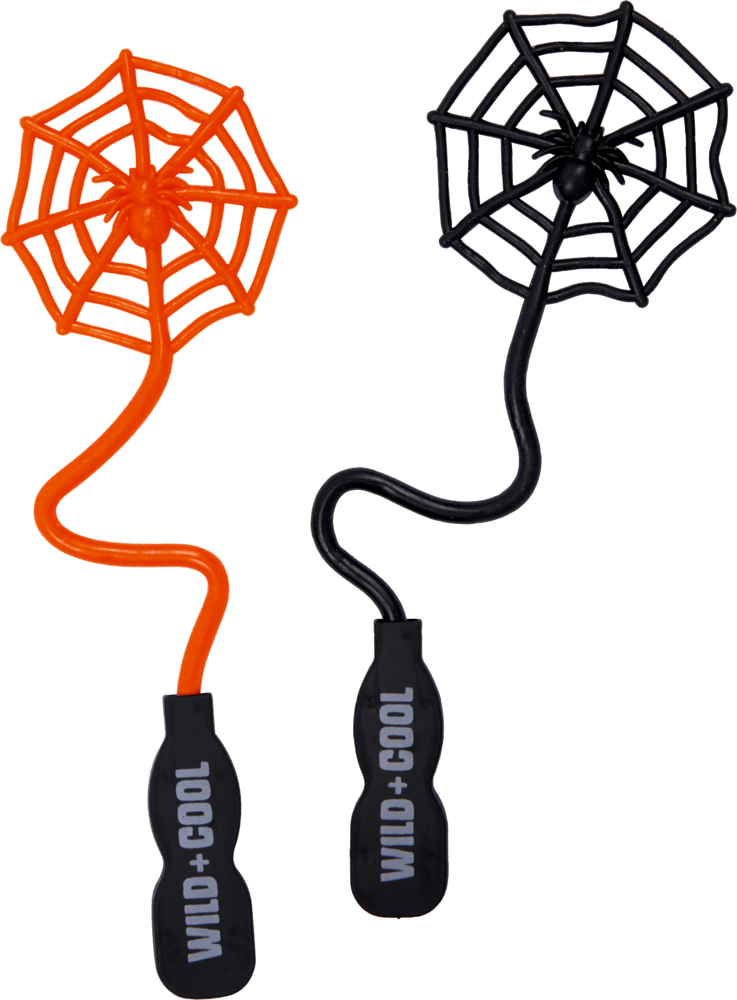 Zwei Kunststoff-Spinnennetze mit Spinne an gebogenem Griff in Orange und Schwarz mit Aufschrift „WILD + COOL“.