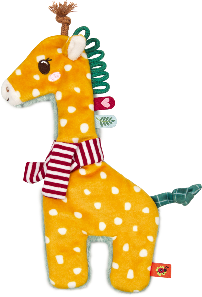 Plüsch-Giraffe, gelb mit weißen Punkten, grünen Akzenten und rot-weiß gestreiftem Schal am Hals.
