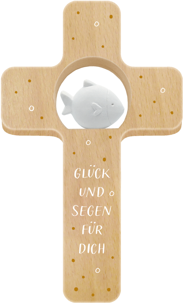 Holzkreuz mit einem weißen Fisch in der Mitte; eingraviert : „Glück und Segen für dich“.