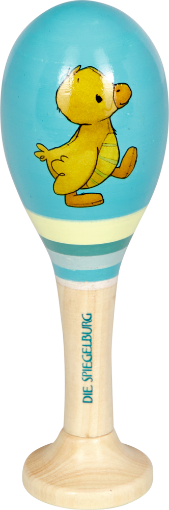 Blau-gelbe Maraca mit Entenillustration.