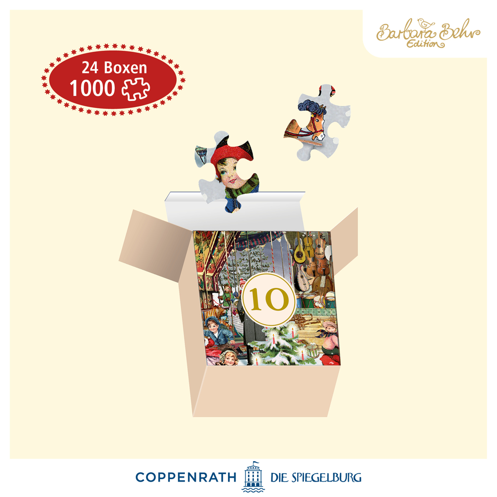 Bespiel: Offene Puzzle-Box mit der Zahl 10 und zwei einzelnen Puzzle-Teilchen, Motiv mit weihnachtlicher Spielszenen.
