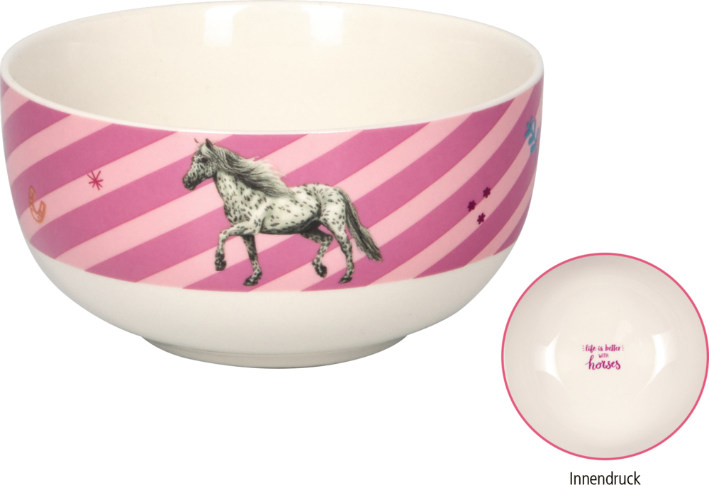 Weiße Schale mit rosa diagonalen Streifen und Pferdezeichnung, innen Text "Life is better with horses.
