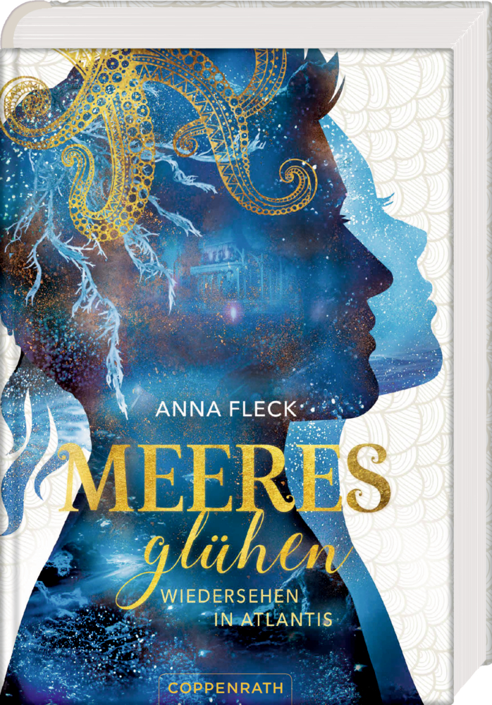 Buchcover: Meeresglühen – Wiedersehen in Atlantis mit Ozeanmotiven und zwei sich überlappenden Gesichtern.
