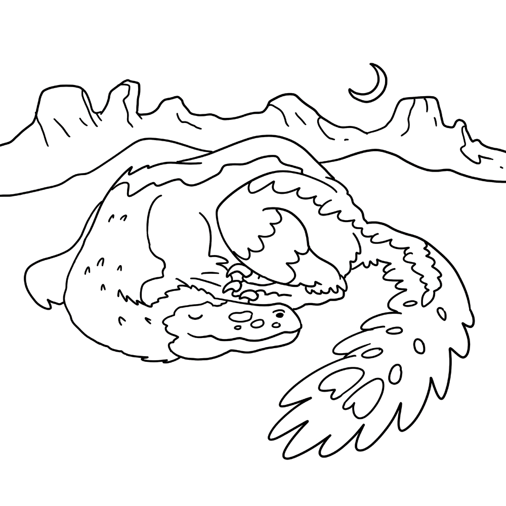 Schlafender Drache mit gefalteten Flügeln vor Bergkulisse und zunehmendem Mond.
