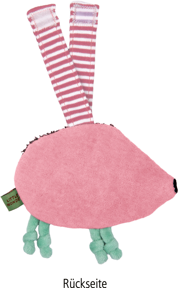 Rosa Rückseite vom Knistertuch in Tierform mit grünem Knotenbeinchen und zwei rosa-weiß gestreiften Befestigungsschlaufen.