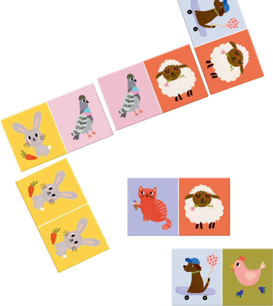 Domino-Spielkarten mit bunten Tiermotiven, darunter Hase mit Karotte, Taube mit Mütze, Schaf mit Blume, Katze mit Eis, Hund mit Skateboard und Huhn mit Rollschuhen.