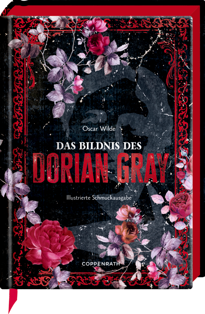 Schwarz und rot gestaltetes Buchcover mit floralen Motiven.