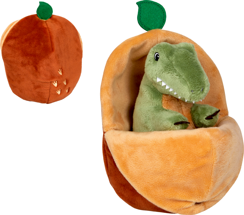 Grüner Plüsch-Dinosaurier, der in einem orange-braunen Stoffei mit grünem Blatt sitzt.