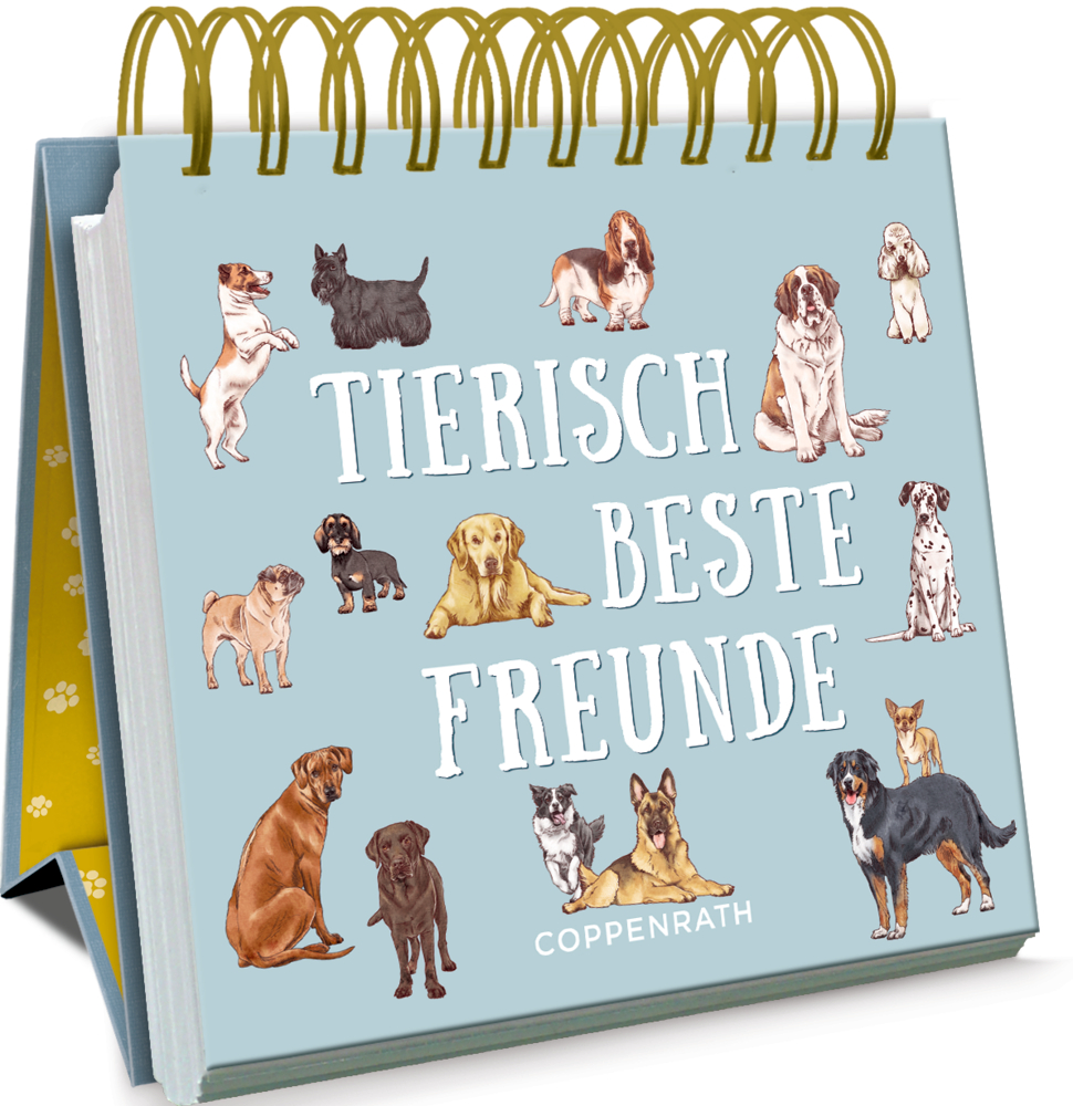 Spiralgebundenes Auftellbuch mit Illustrationen verschiedener Hunderassen mit dem Text „Tierisch Beste Freunde“.