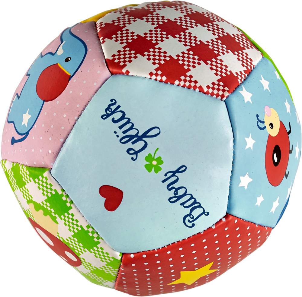 Bunter weicher Patchworkball mit Cartoon-Tieren und dem auf einer Seite aufgedruckten Text „Babyplüsch“.
