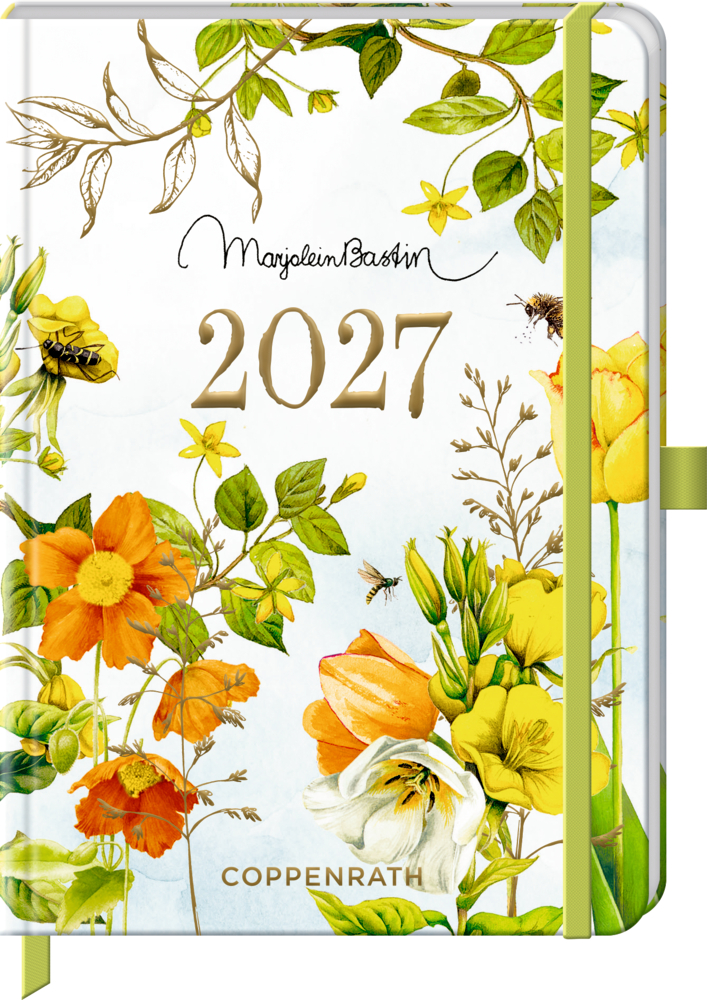 2027 Planer mit gelben und orangefarbenen Blumen, grünen Blättern und goldener Schrift auf weißem Hintergrund.