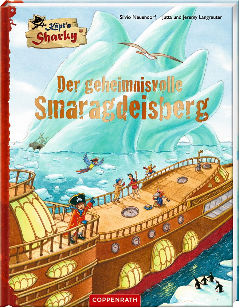 Piratenschiff segelt nahe riesigem Smaragd-Eisberg mit Pinguinen und Piraten, auf dem Buchcover von "Der geheimnisvolle Smaragdeisberg".