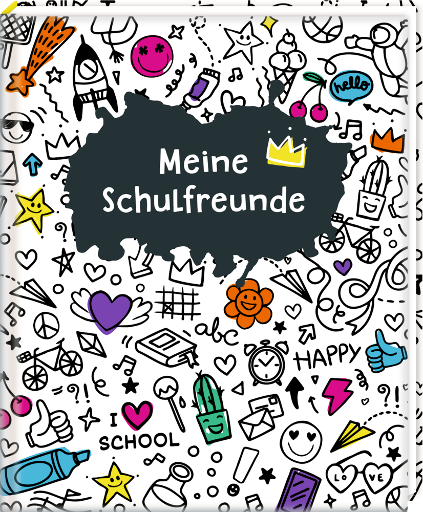 Notizbucheinband mit Kritzeleien, Sternen, Herzen; Schriftzug: „Meine Schulfreunde“.