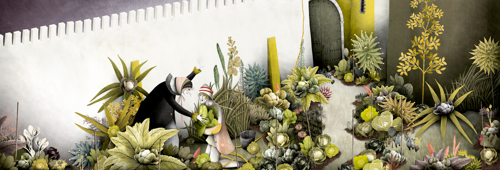 Verspielter Garten mit zwei Personen inmitten leuchtender Pflanzen, neben einer Mauer und einem gewölbten Eingang.