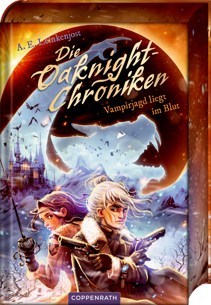 Buchcover von "Die Oaknight-Chroniken - Vampirjagd liegt im Blut mit zwei Charakteren, einem Schneewolf und einem Schloss im Hintergrund.