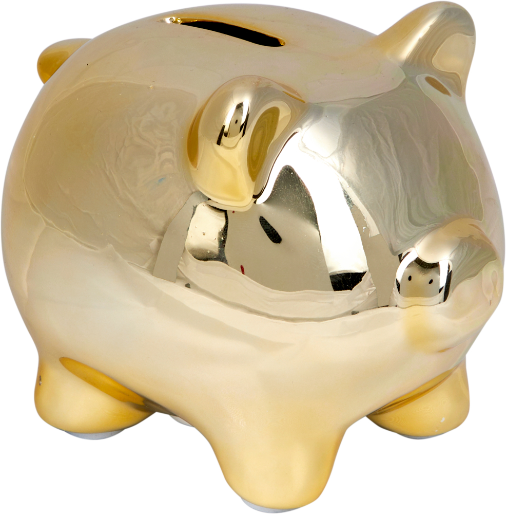 Goldfarbenes Sparschwein mit Münzschlitz auf dem Rücken.
