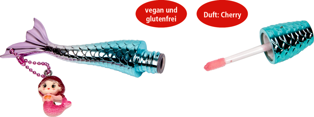 Meerjungfrau-Lipgloss mit rosa Applikator, vegan, glutenfrei und mit Kirschduft.