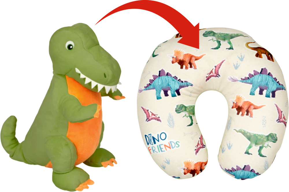 Grüner Plüschdinosaurier neben Nackenkissen mit Dino-Muster; roter Pfeil zeigt vom Dinosaurier zum Kissen.