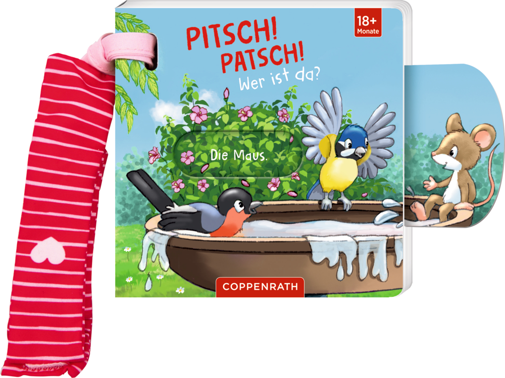Bilderbuch an einem roten Band mit VÃ¶geln in einem Vogelbad auf dem Cover und einer Maus auf einem herausgezogenen Schieber.