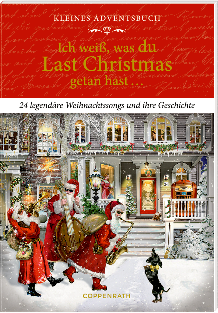 Santa-Band spielt vor verschneitem, geschmücktem Haus.