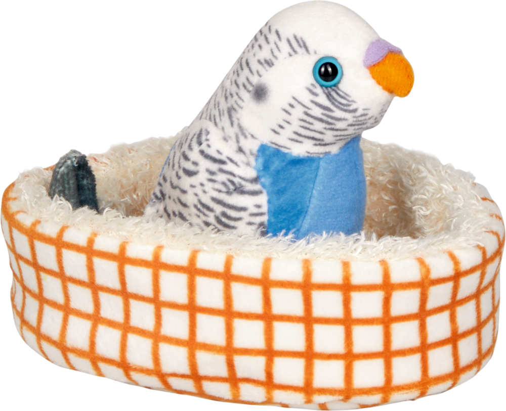 Plüschiges blau-weißes Sittichspielzeug liegt in einem kleinen, weichen Plüschtierbett mit orangefarbenem Karomuster.