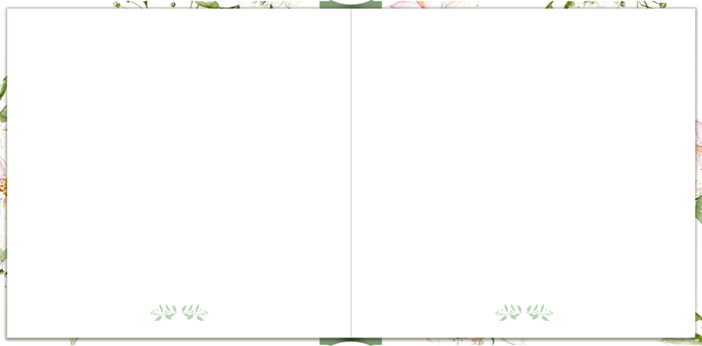 Leeres Gästebuch mit Blumenrand und kleinen grünen Blattakzenten in den unteren Ecken.