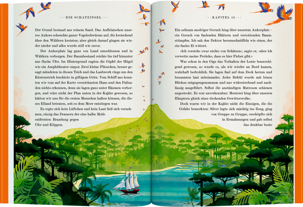 Aufgeschlagenes Buch mit Text und bunter Illustration einer grünen Insel mit Vulkan, Segelschiff und fliegenden Papageien.