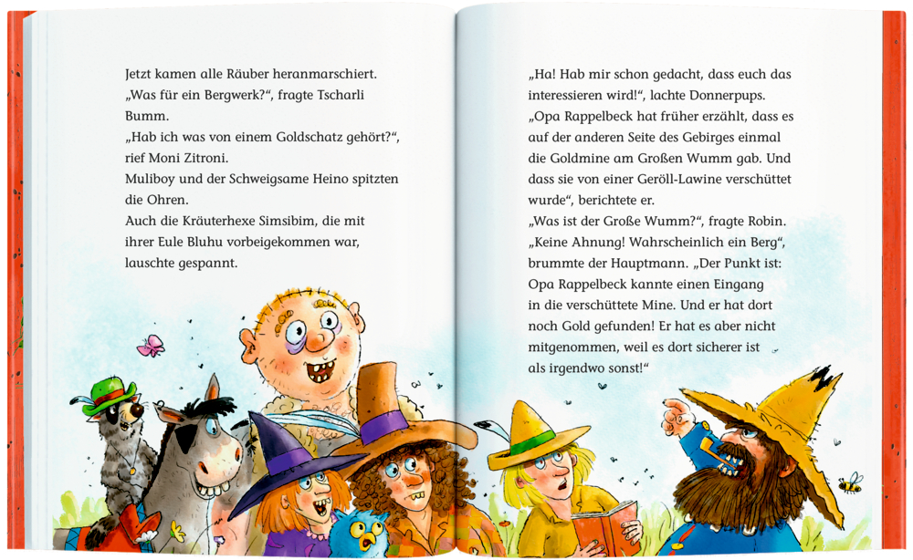 Auf einer Doppelseite, sind Kinder, ein Pferd und Erwachsene mit Hüten abgebilde, darüber steht  Text.