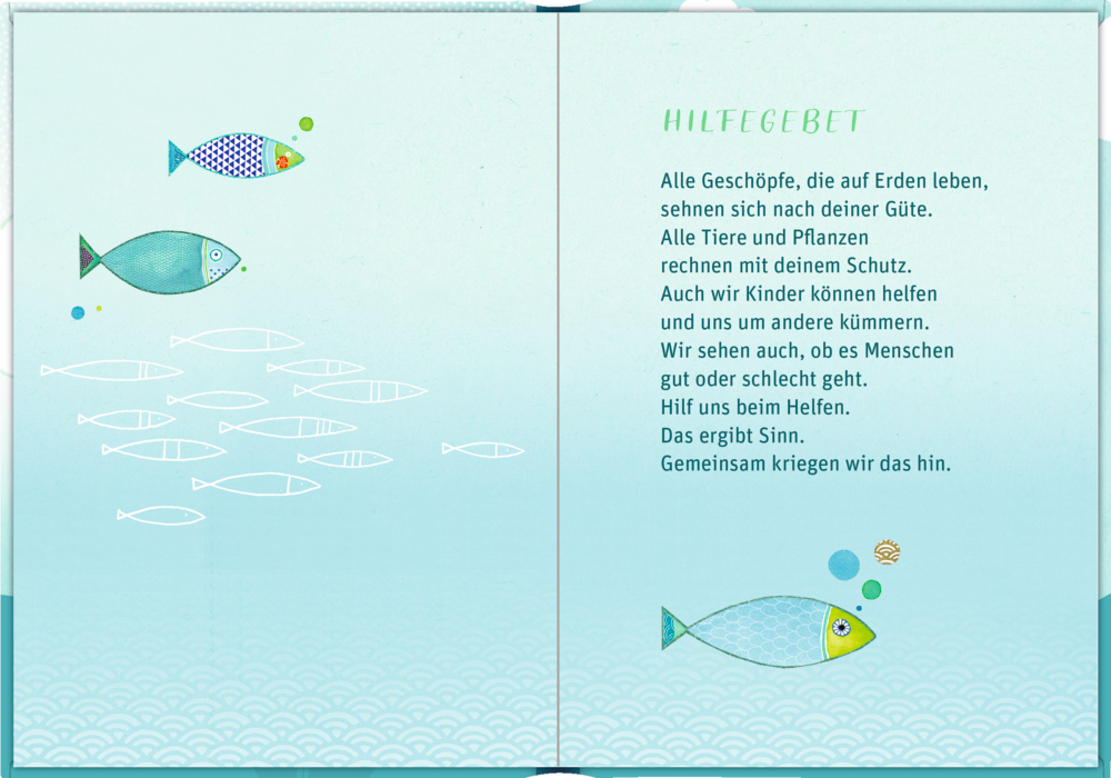 Bunte Fische und  Text "Hilfsgebet" auf der hellblauen Doppelseite mit weißen Fischkonturen.