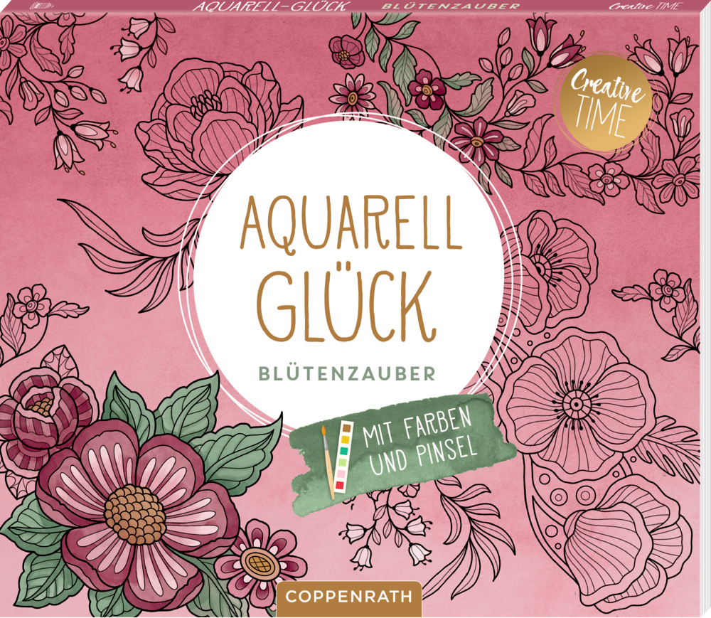 Verpackung für pinkes Blumen-Aquarellset mit deutscher Beschriftung und Blumen-Illustrationen.